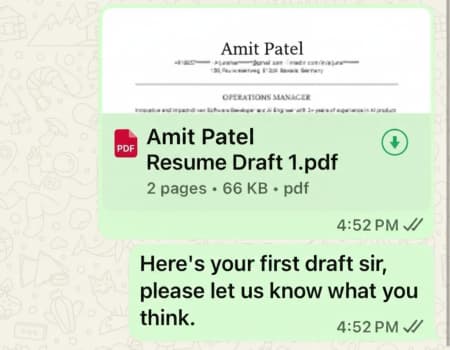 WhatsApp conversation showing resume draft delivery