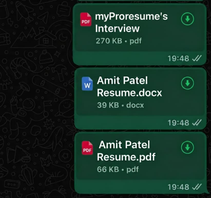 WhatsApp conversation showing final resume delivery